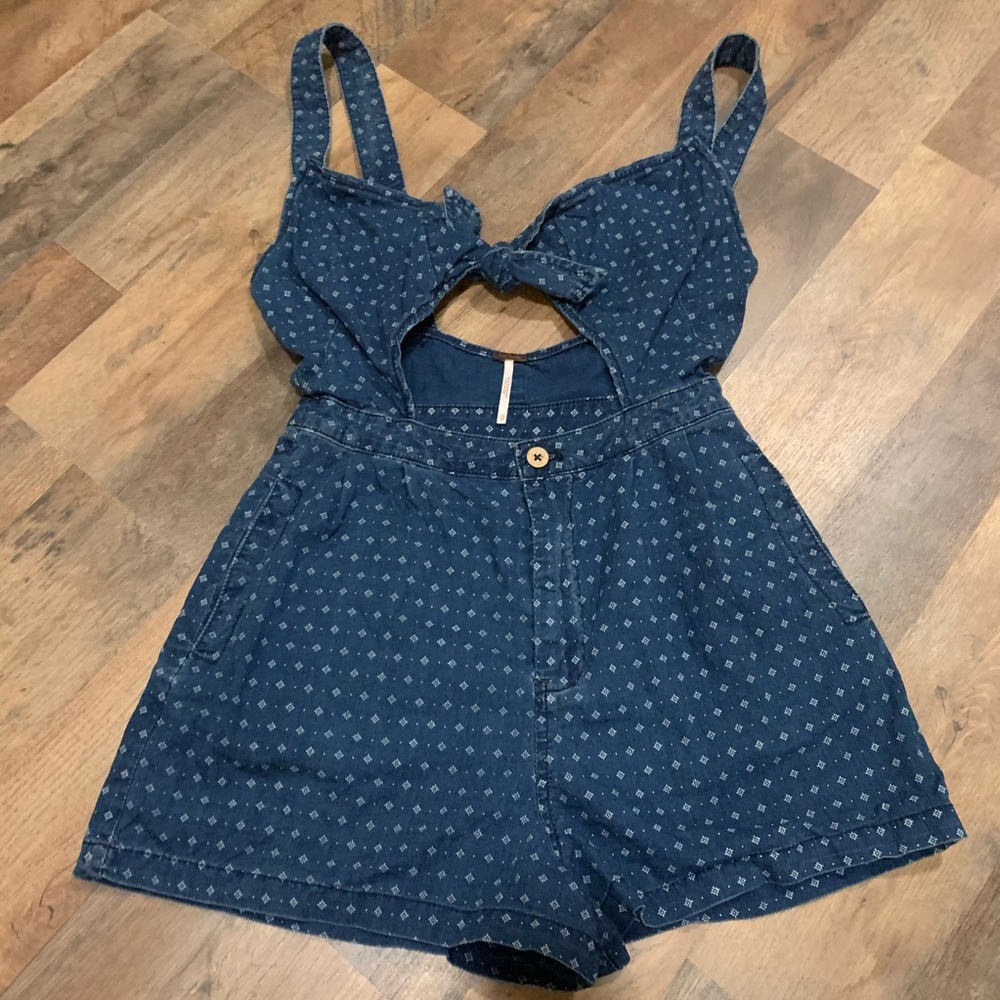 Free People Blue Printed Denim Romper